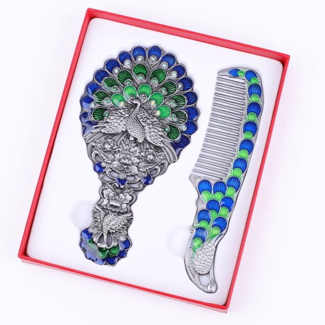 Espejo pequeño con pantalla abierta y diseño de pavo real retro creativo, espejo portátil de regalo, espejo con mango de peine para traje, espejo cosmético