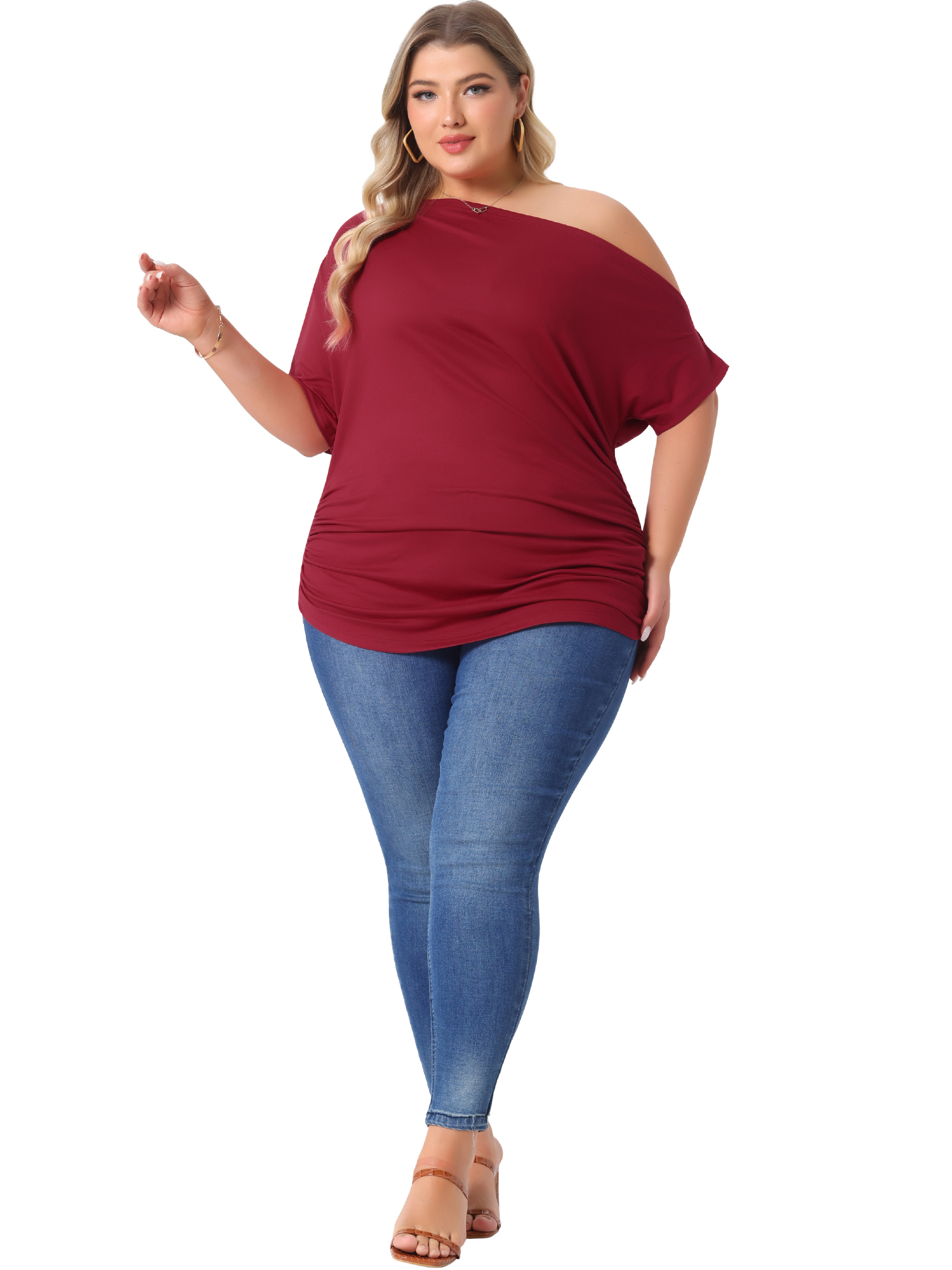 Women's Plus Tops One Shoulder Short Sleeve Ruched Basic Blouses Summer Tee Tops 3X Burgundy