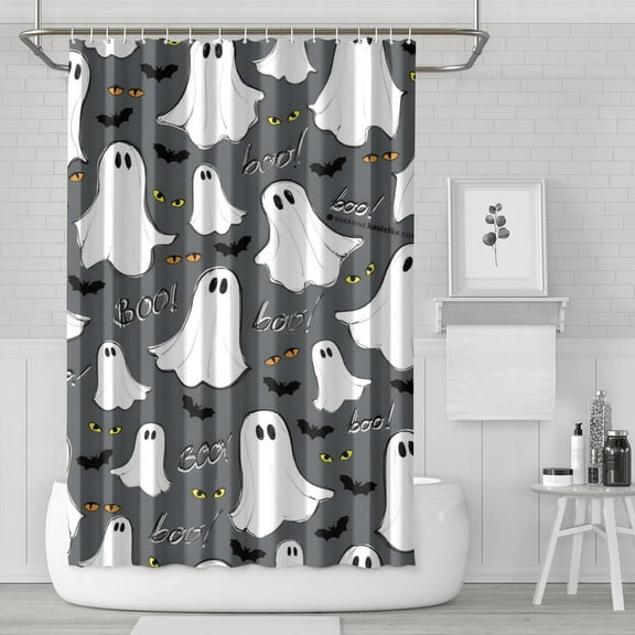 Premium Halloween Shower Curtain Set with 12 Hooks, 72x72 Inch Waterproof Fabric - Complete Ghost Pumpkin Bat Design for Bathroom Decor