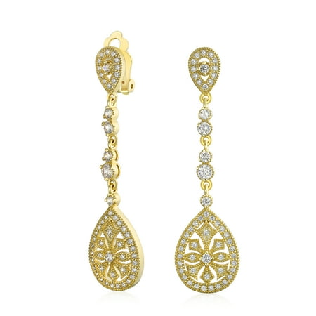 Art Deco Style Bridal Filigree Teardrop Cubic Zirconia Long