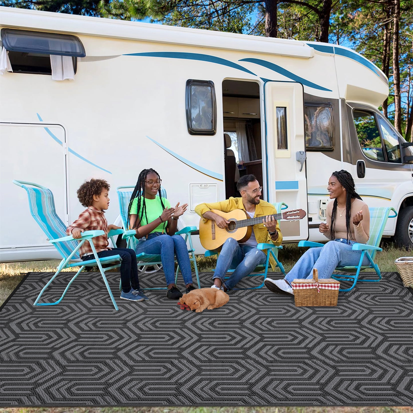 Garvee Waterproof Outdoor Rug 8x10ft Reversible Patio Rug, Plastic Straw Rug RV Camping Rug for Deck Balcony Porch Picnic Backyard, Black Gray