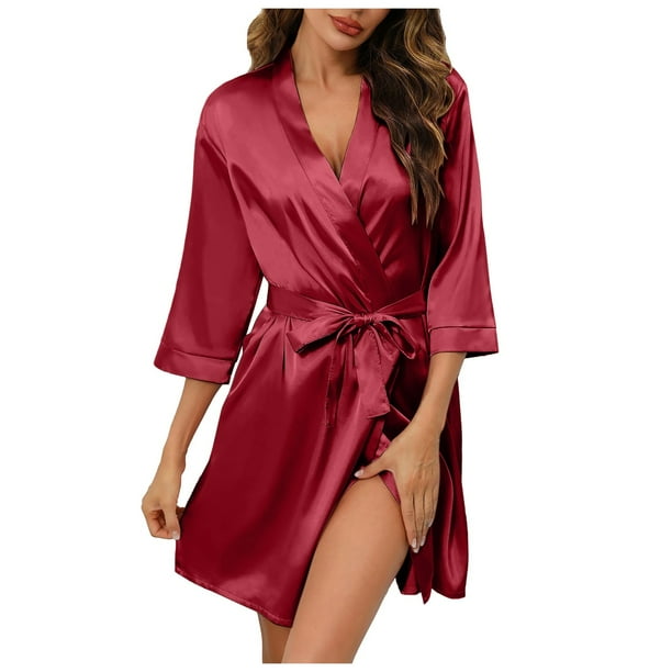 Bata de satén para dama de honor para mujer - Albornoz corto tipo kimono para bodas, cintura ajustable, tallas S-XL