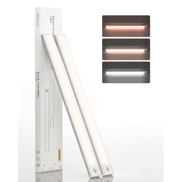Luz Debajo del Gabinete 16" con Sensor de Movimiento, 108 LED, 3 Colores y Atenuación Continua, Barra Magnética para Cocina, Armario, Pasillo, Escaleras – Paquete de 2