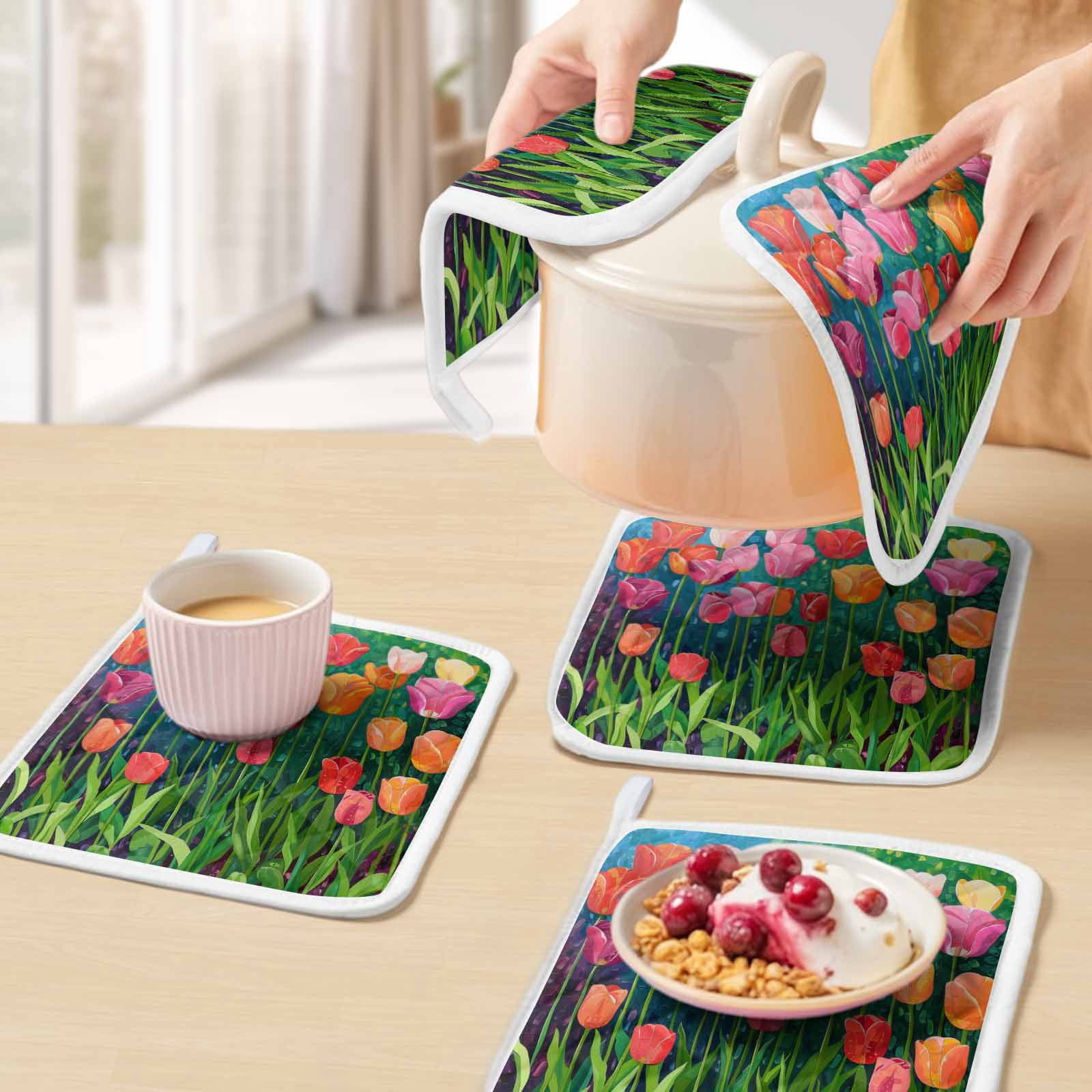 Colorful Spring Floral Pot Holders for Kitchen Heatproof Potholder, 3 Pack Summer Botanical Oil Painting Hot Pads Multipurpose Oven Pads Cloth Potholders Trivet for Cooking Baking
