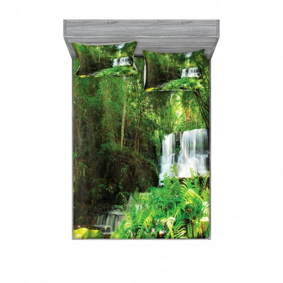 Ambesonne Scenery Fitted Sheet & Pillow Sham Set, Spring Botanic Forest, Queen, Green and White