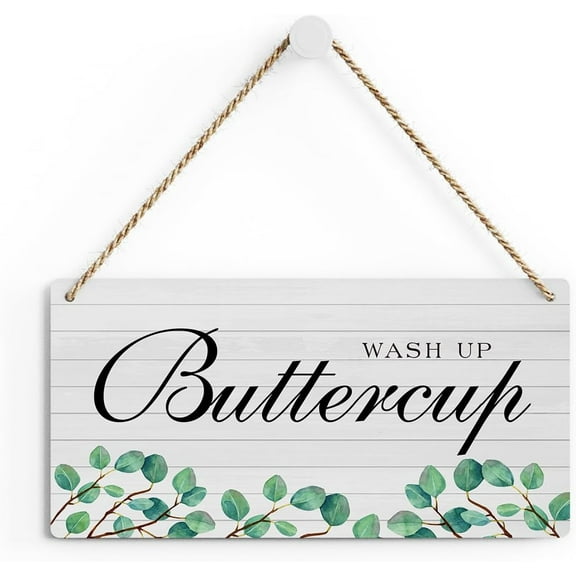 Rustic Bathroom Wood Decor Sign, Wash up Buttercup Printed Wood Sign Wall Art, Hanging Door Sign, Decorative Wood Sign Home Bathroom Decor 10x5 Inch