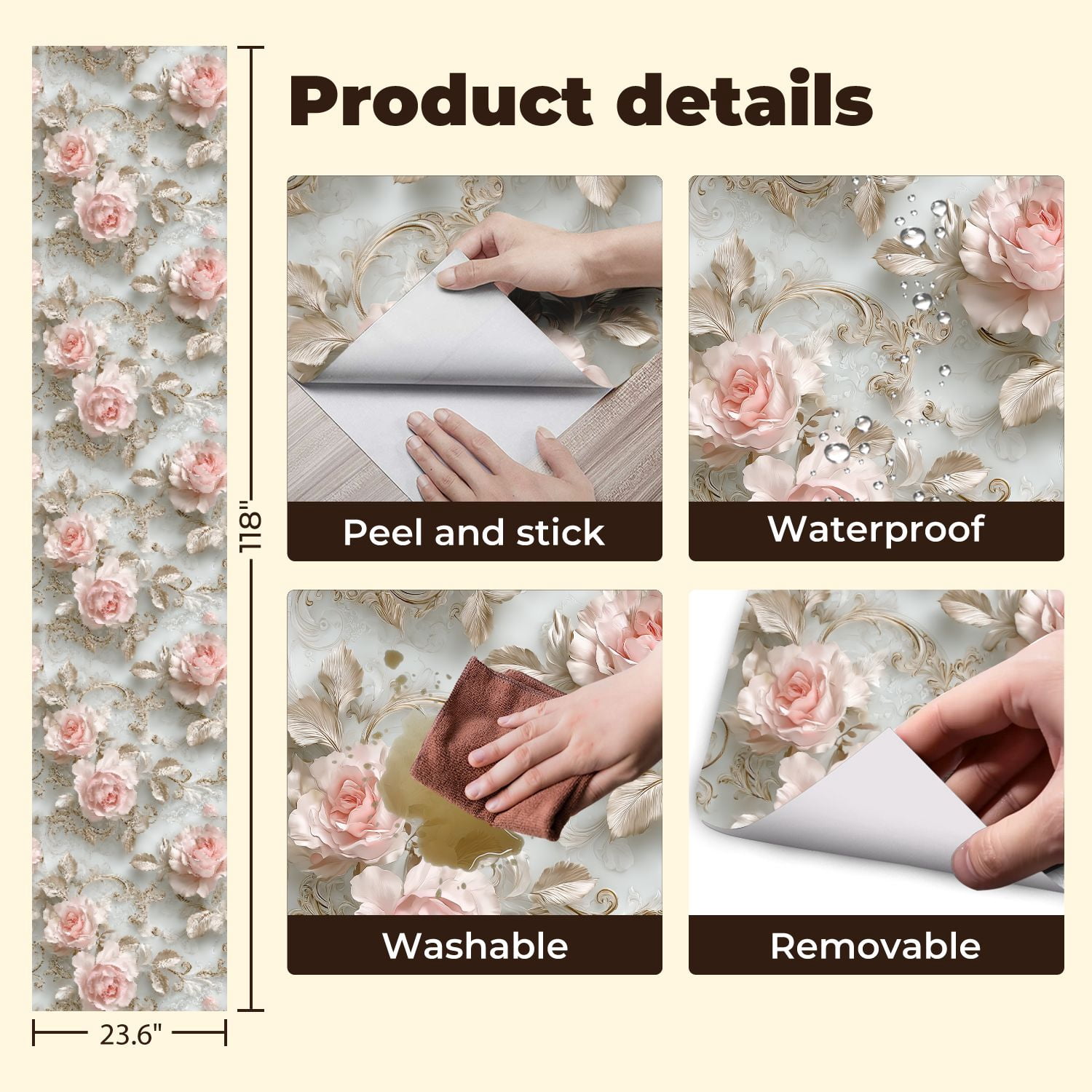 Peel and Stick Wallpaper Elegant Rose Soft Pink Flowers Ornate Gold Detailing Wall Mural 23.6in x 9.8ft Self Adhesive Removable Wall Paper Renter Friendly Wallpaper for Bedroom