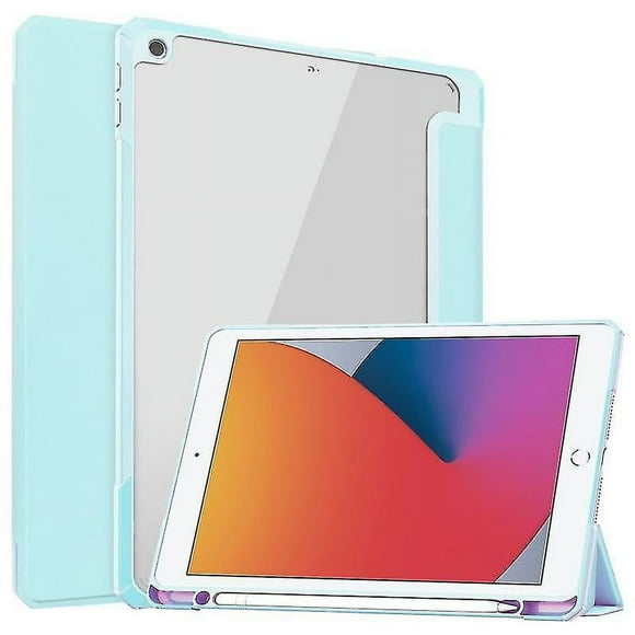Funda de cuero con tapa trasera de acrílico transparente y TPU para iPad 10.2, con tapa horizontal, soporte plegable triple, portalápices y función de suspensión/activación (azul)