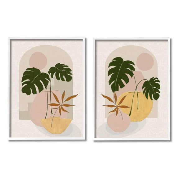 Boho Monstera Archway Landscape Botanical & Floral Painting White Framed Art Print Wall Art, Set of 2