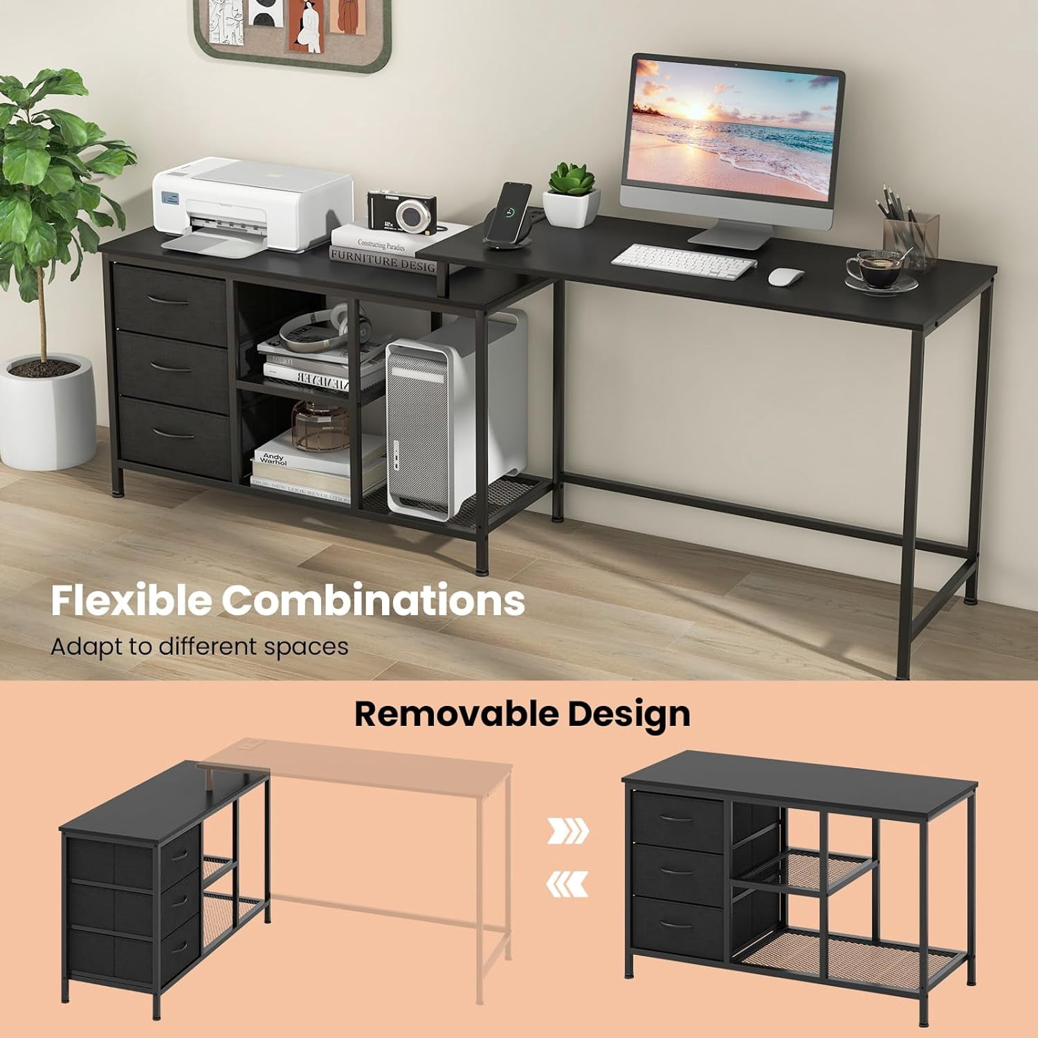 HJTER L Shaped Computer Desk with Drawers, 81" Convertible Corner Desk with Charging Station and Storage Shelves, Study Writing Desk, Modern Long Corner Gaming Table for Home Office (Black)