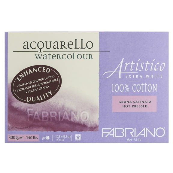 Fabriano Artistico Extra White Watercolor Block, 140 lb./300 gsm, Hot Press, 20 Sheets, 12" x 18"