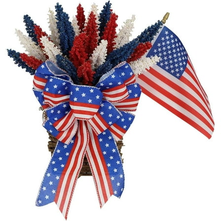July 4th Patriotic Wreath Basket Front Door Wreath Red White Blue Decorations with Flag Independence Day Wreath for Memorial Farmhouse Home Wall