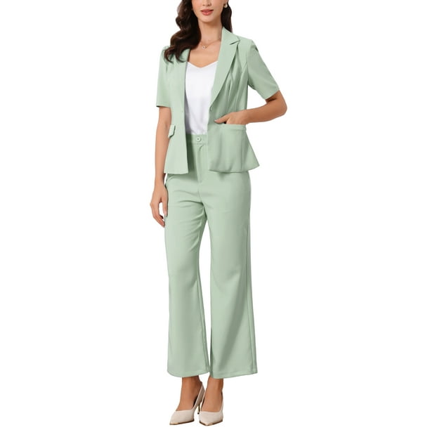 Conjunto de traje de oficina para mujeres INSPIRE CHIC, blazer de manga corta de un botón y pantalones de traje, talla L, verde guisante