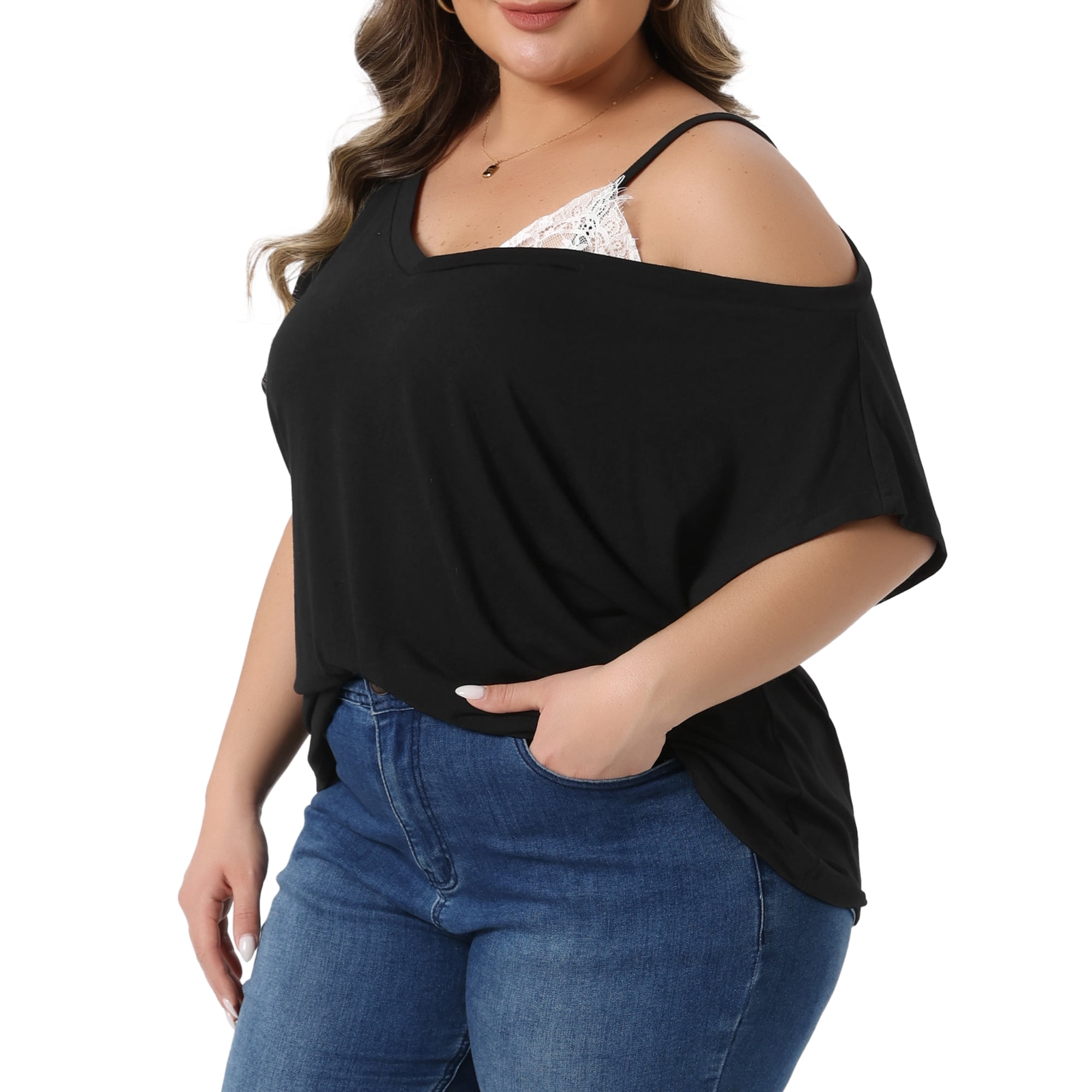 DARING DIVA Women's Plus V Neck One Cold Shoulder T Shirt Summer Blouse 3X Black
