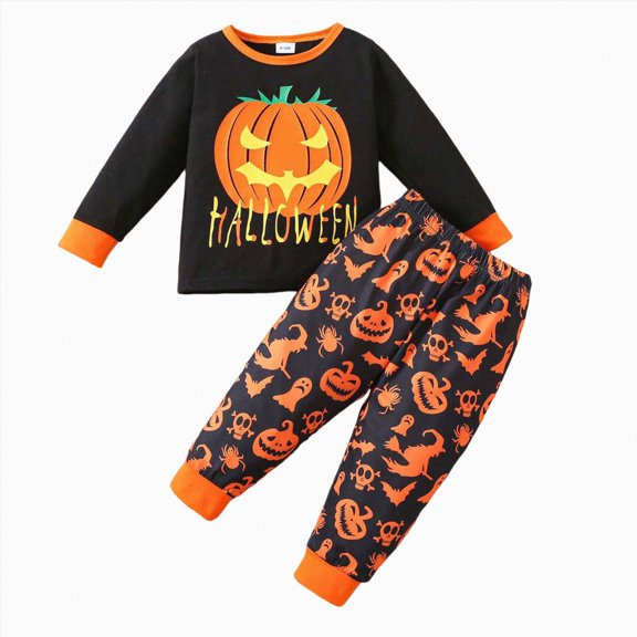 NIEWTR Kids Infant Girl'S Halloween Sweatshirts Outfit Set Cozy Graphic Print Long Sleeve Tops And Pants 2 Pieces Halloween Theme Party Matching Set(A-Yellow,1-2 Years)