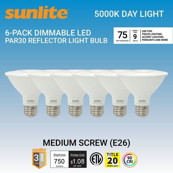 Sunlite LED PAR30 Reflector Light Bulb, 9 Watts (75W Equivalent), Medium E26 Base, Non-Dimmable, ETL Listed, 5000K Daylight, 6-Pack