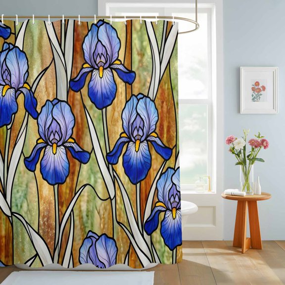 Iris Flowers Shower Curtain, Lead Lines Floral Abstract Botanical Waterproof Washable Shower Curtain for Bathroom Bathtub Partition Bath Decoration Set with Hooks 54x78in