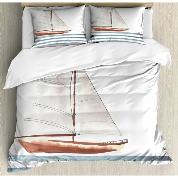 Nautical Duvet Cover Set, Let Your Dreams Sail Words with Boat in Waves Motivation Lifestyle Print, Decorative 3 Piece Bedding Set with 2 Pillow Shams, King Size, Cinnamon Pale Blue, by Ambesonne