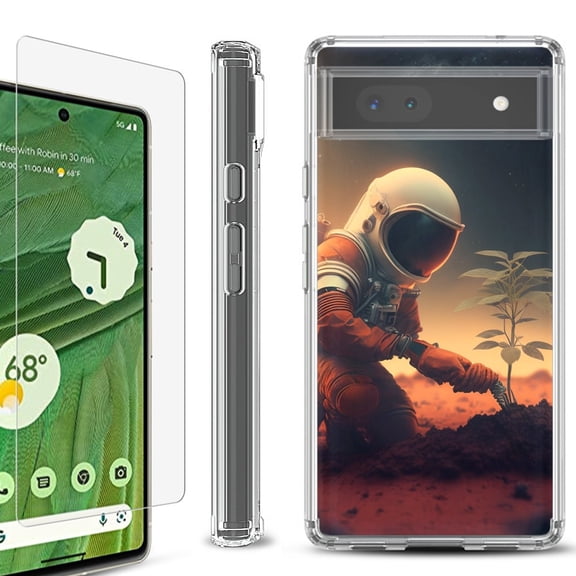Shockproof Bumper Phone Case for Google Pixel 6a, with Tempered Glass Screen Protector, by OneToughShield ® - Astronaut Planting