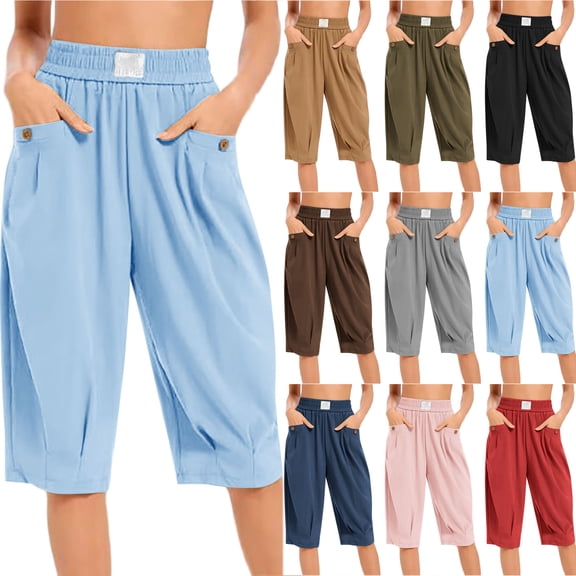 Bloomae Bermuda Shorts for Women Loose Fit Casual Knee Length Elastic High Waist Baggy Pleated Short Pants Trendy Cozy Beach Vacation Boho Shorts with Pockets