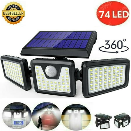 

Solar Lights Outdoor 74 LED 1200LM Cordless LED Solar Motion Sensor Lights; 3 Adjustable Heads 270掳Wide Angle Illumination IP65 Waterproof Security LED Flood Light(Daylight)