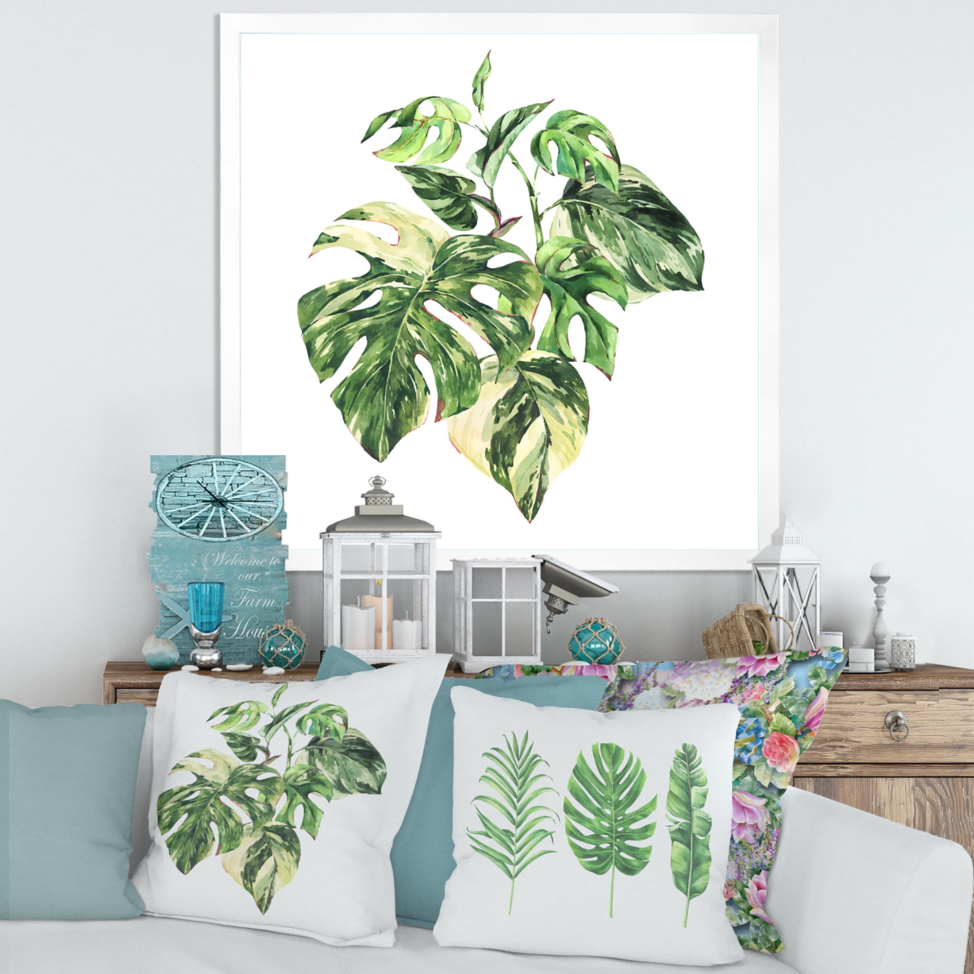 Designart 'Tropical Green Leaves On White In Summer Times I' Tropical Framed Art Print