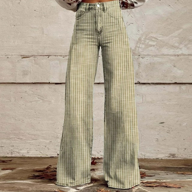 AherBiu Plus Size Womens Jeans High Waisted Wide Leg Striped Trousers with Pockets Casual Slimming Denim Pants