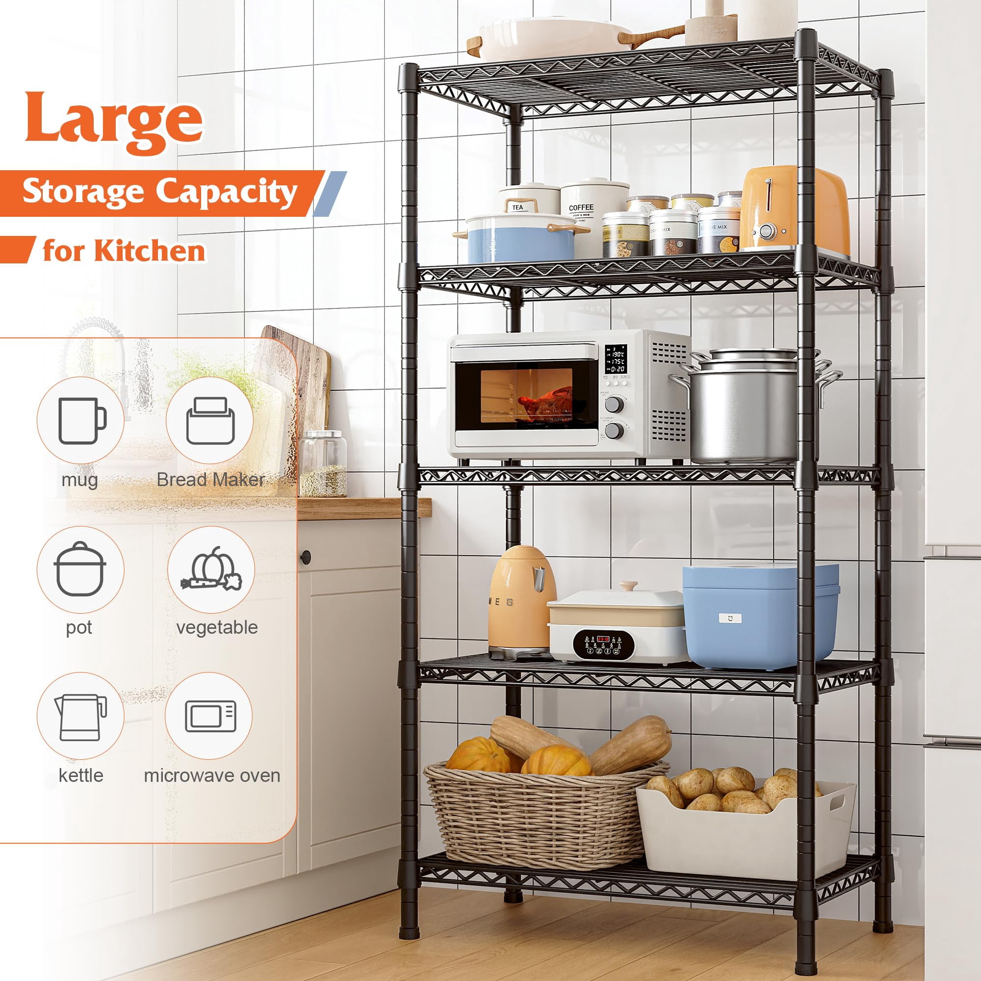 REIBII Wire Shelving Rack 5-Tier Metal Storage Shelves Adjustable Garage Shelving,24" W X 14" D X 59" H