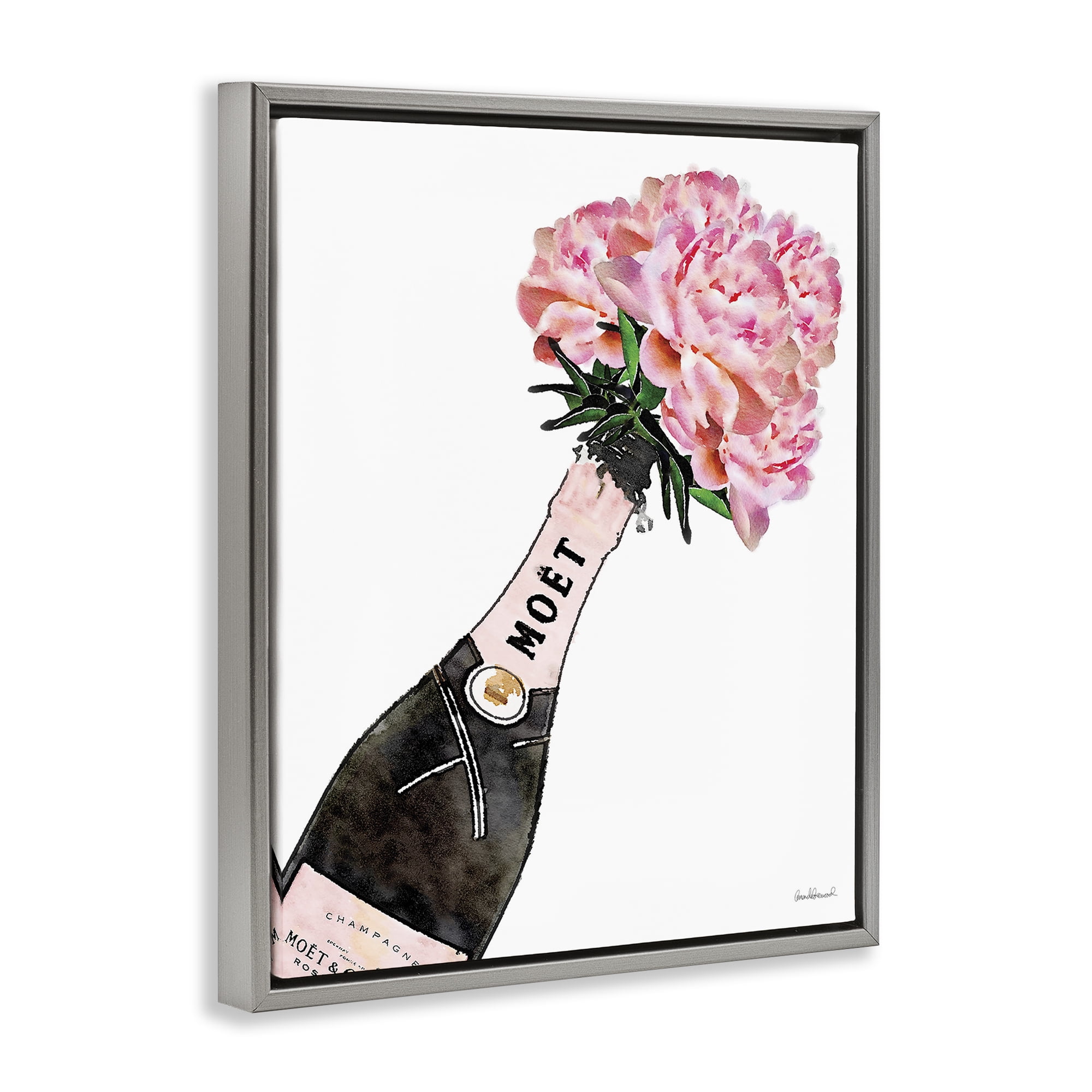 Stupell Industries Pink Champagne Bouquet Botanical & Floral Painting Gray Floater Framed Art Print Wall Art, 25 x 31