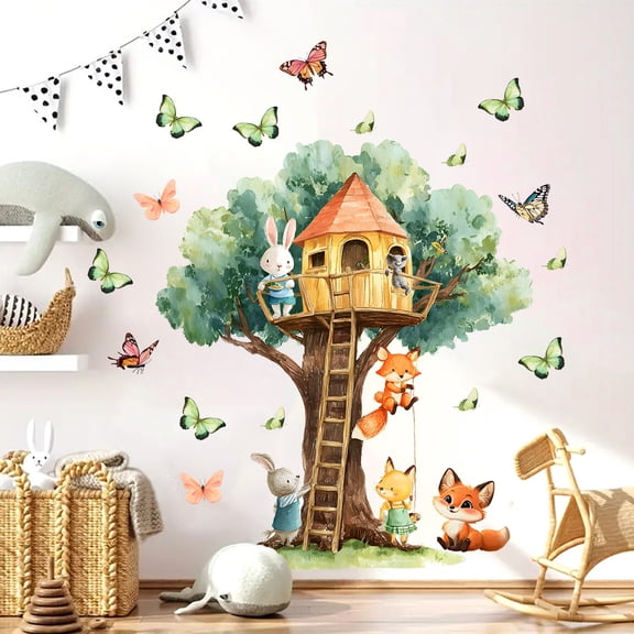Cartoon Wall Decals Treehouse Rabbit Fox Butterfly Wall Sticker Removable Decals Peel and Stick for Bedroom Living Room Art Decor