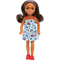 Barbie Chelsea Doll, Small Doll Wearing Removable Blue Dress with Brown Hair & Green Eyes