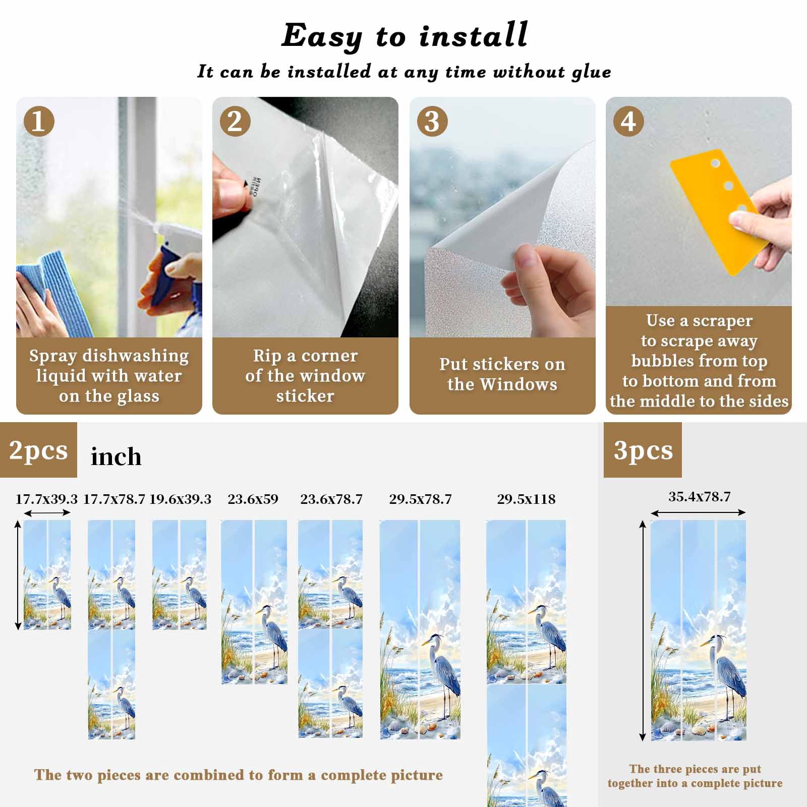 Coastal Birds Window Privacy Film, Blue Sky Heron Seabird Tropical Beach Static Cling UV Sun Blocking Tint Film Heat Control Windows Films for Bedroom Bathroom, Window Stickers 23.6"x59"