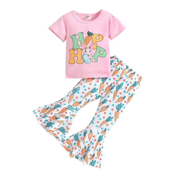 Gunia Baby Easter Outfit Girl Short Sleeve Bunny T Shir Flared Ll Bottom Pants Breathable Girls Clothes Set Outfits 18M-5Y