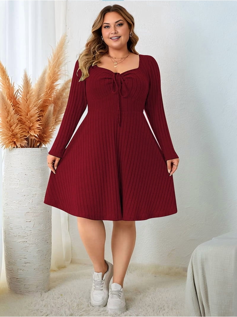 plus size red sweater dress Women's Casual Square Neck Long Sleeve Swing Dresses Gray XXXL length design offer versatility for various occasions Women Plus Size Sweater Dress
