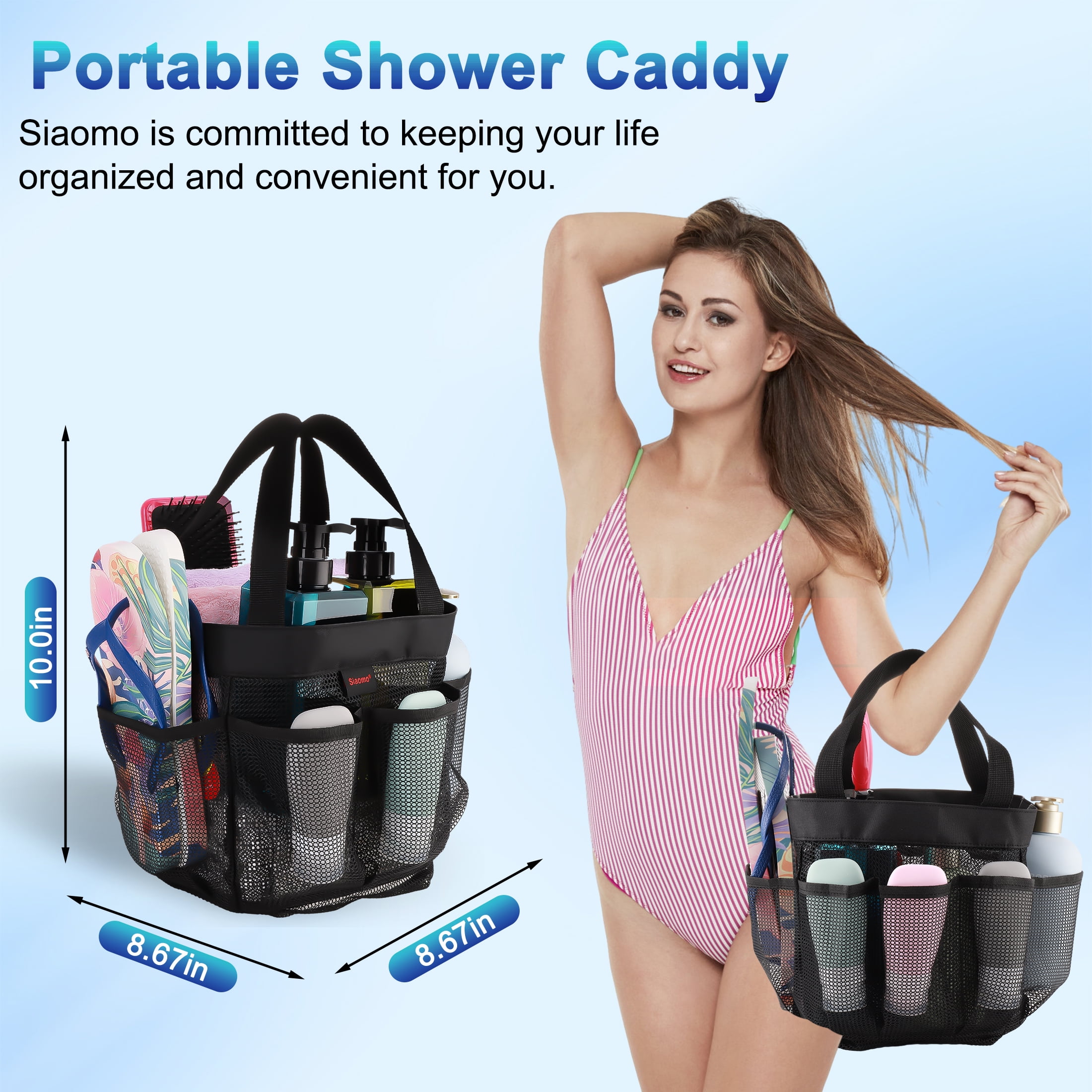 Siaomo Natural Mesh Shower Caddy Portable Tote Bag for College Dorm Essentials, Bathroom, Gym, Camp, Travel, Hanging Caddy Basket, Quick Dry Toiletry Bag (8-Pockets | Black)