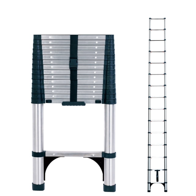 BOWEITI 14.5FT One-buttom Retraction Stainless Steel Telescoping Extension Ladder with 2 Triangle Stabilizers, Heavy Duty 330lbs Max Capacity, Multi-Purpose Collapsible Ladder for RV or Outdoor Work