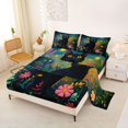 thumbnail image 2 of Manfei Cartoon Cat King Sheets, Boho Flower Botanical Bedding, Navy Green, 4pcs, 1 Flat Sheet, 1 Fitted Sheet and 2 Pillowcases, 2 of 6