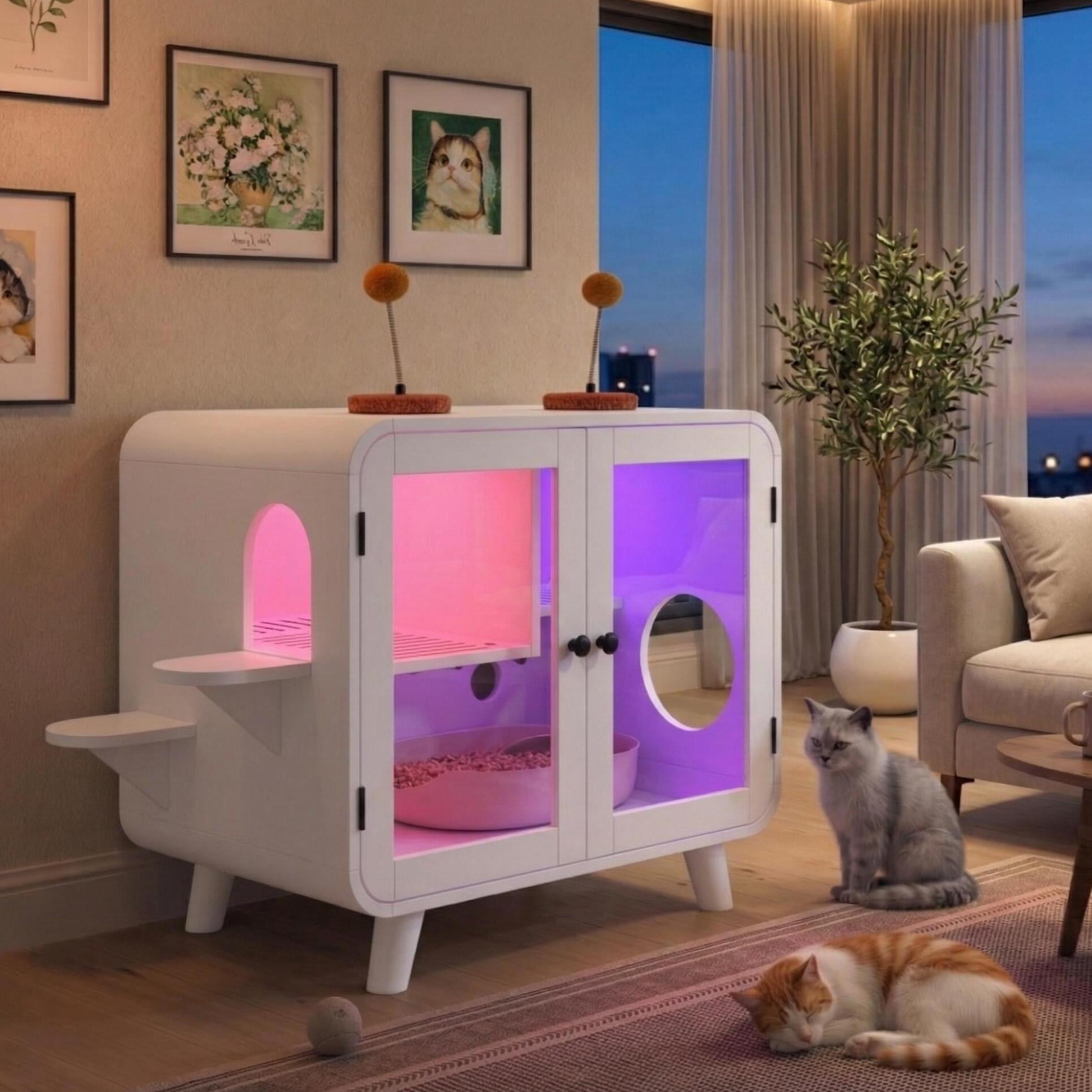 White Hidden Cat Litter Box Enclosure with RGB LED Light, TV-Style Cat House Cabinet with Stairs, Pom-pom Toy, Litter Leak Walkway and Glass Doors for Indoor Cats