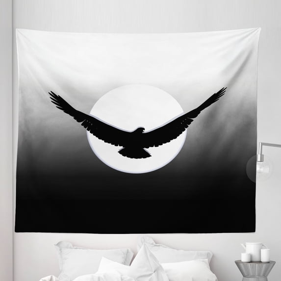 Black and White Tapestry, Monochrome Look Flying Silhouette of Eagle Full Moon and Ombre Background, Fabric Wall Hanging Decor for Bedroom Living Room Dorm, 5 Sizes, Grey, by Ambesonne