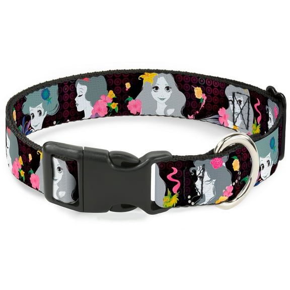 Disney Pet Collar, Dog Collar Plastic Buckle, Princess Silhouettes Dots Black Purple Gray Multi Color, 8.5 to 12 Inches 0.5 Inch Wide