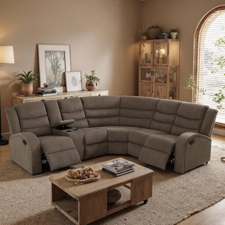 Manual Recliner Sofa Set with Storage Corduroy Living Room Furniture Sets L-Shaped Sectional Couch for Home with 2 Recliner Seats Cup Holder (Brown Sectional)