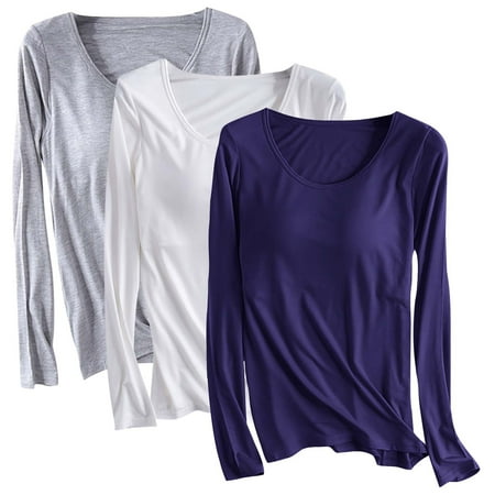 Jamicy Womens Pajamas Clearance Sales 3pc Modal T Shirt for Women Sleepwear Bra Long Sleeve Pajama Yoga Top Padded Casual Top Tee