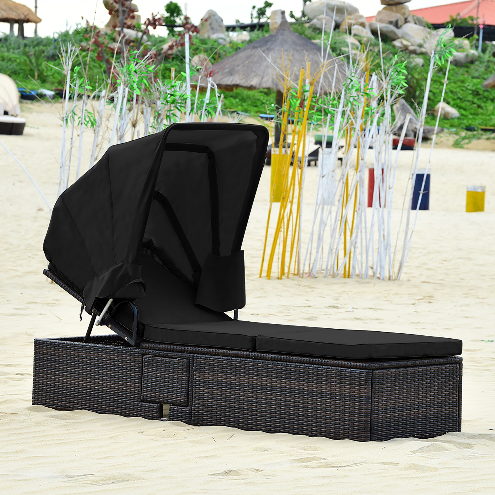 Costway Patio Rattan Lounge Chair Chaise Cushioned Top Canopy Adjustable Tea Table Black - image 2 of 10