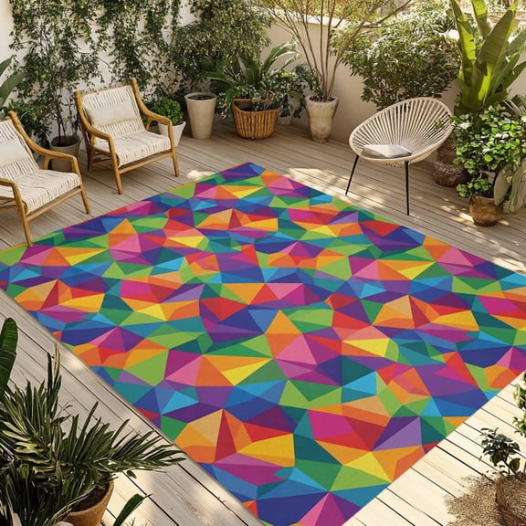 Colorful Geometric Outdoor Rug 5x8 Ft - Reversible Patio Rug Outdoor Camping Rugs, Modern Multicolor Abstract Motifs Washable Indoor Outdoor Area Rugs, Non-Slip Outdoor Carpet Runner for Deck/Porch