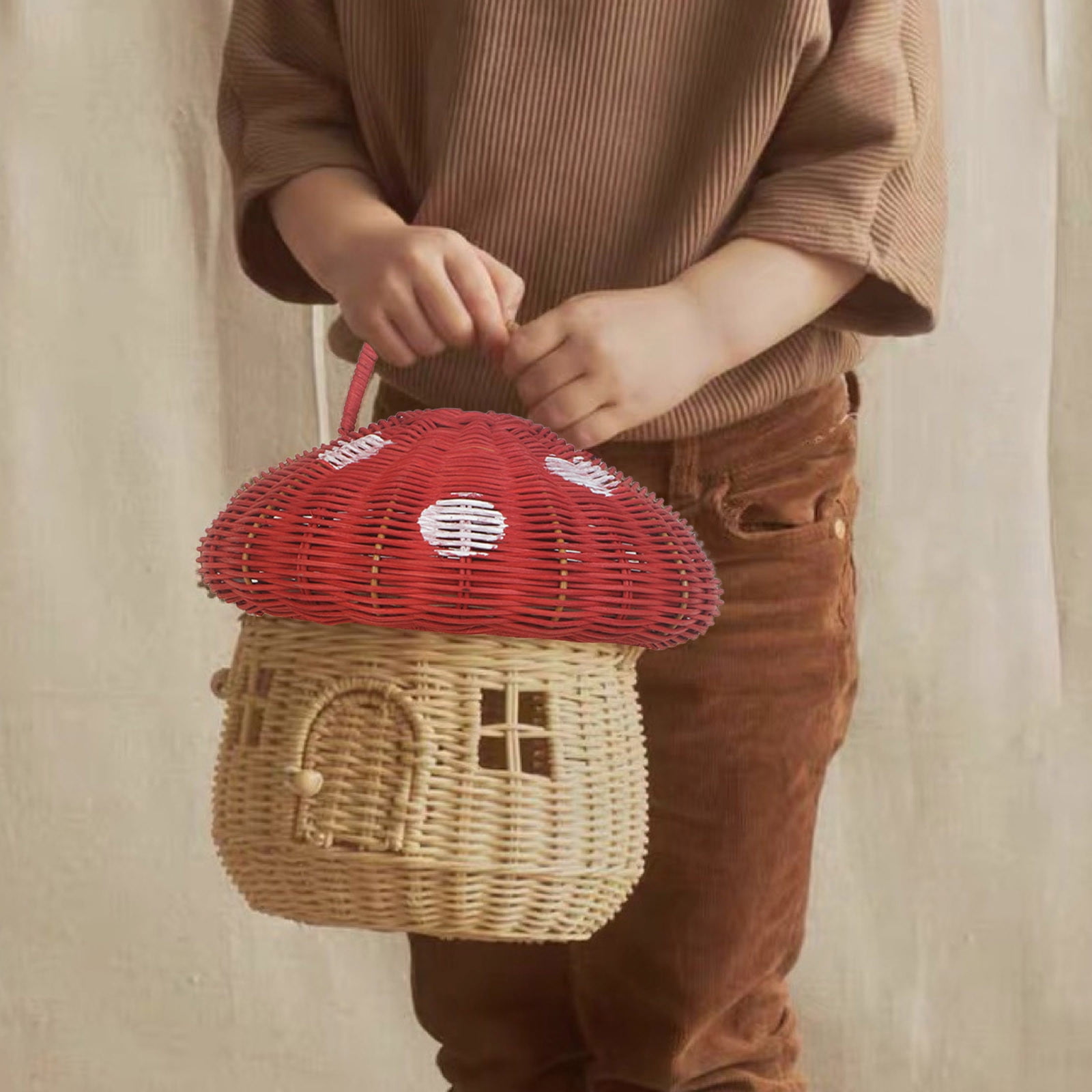 XINGXIANG Mushroom Basket with Lid,Easter Basket for Kids,Mushroom Storage Basket,Handmade Rattan Basket,Portable Picnic Basket,Woven Shelf Organizer for Doll House,Home Decoration(Red Top)