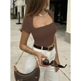 thumbnail image 3 of Women Short Sleeve Crop Tops Solid Color U-Neck Casual T-Shirts Summer Slim Fit Shirts Streetwear, 3 of 6
