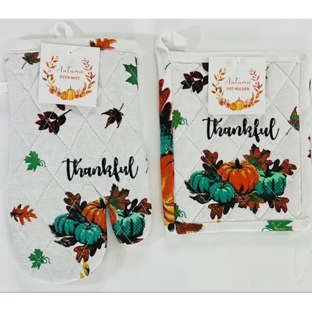 CRESTIN- Fall Fun Kitchen Pot Holder Oven Mitt Set 2 Pc Thankful