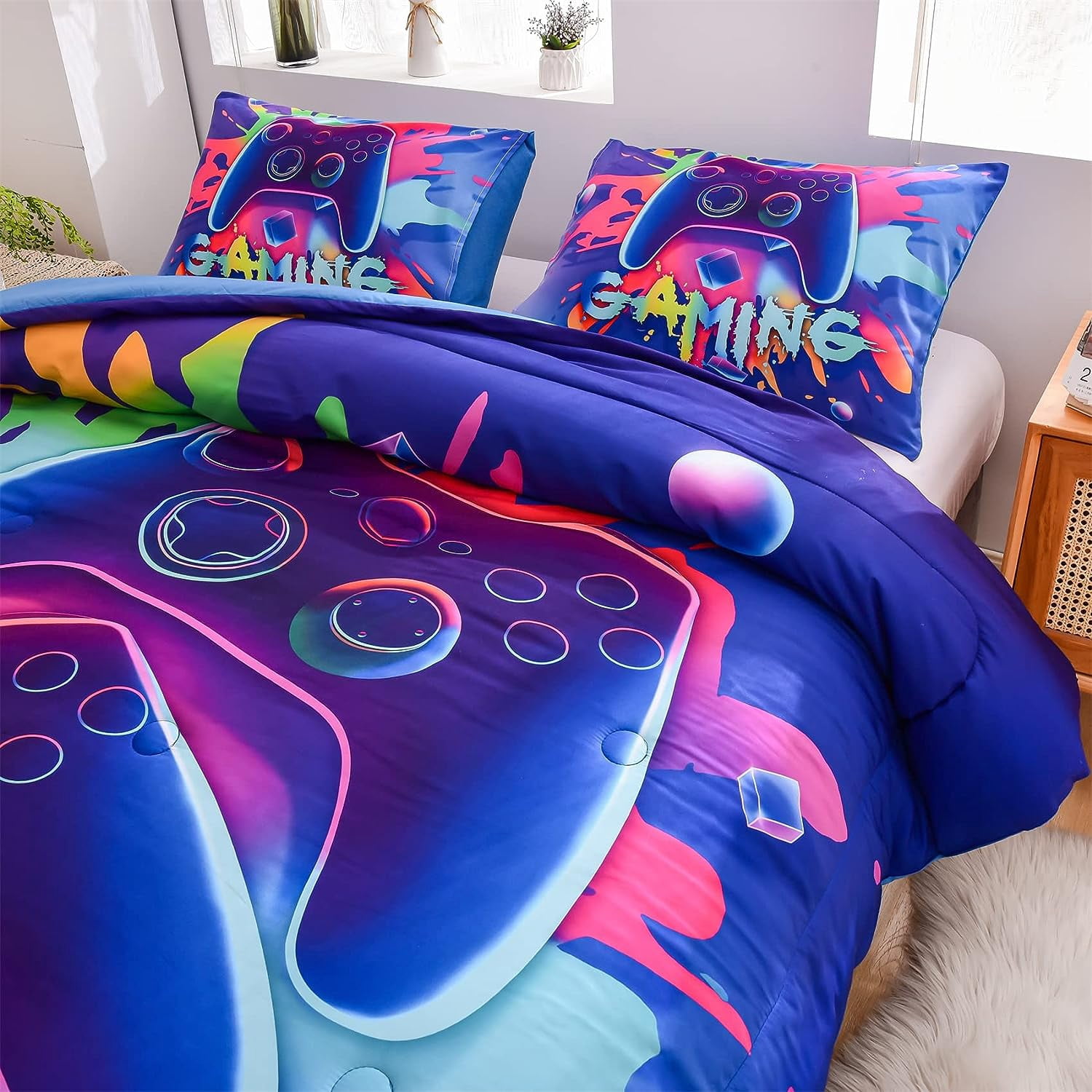 NTBED Purple Queen Gaming Comforter Sets for Boys Kids Bedding Sets Colorful Games Console Gamer Quilt Set