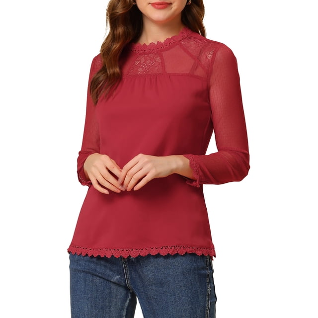 INSPIRE CHIC Blouses Décontractées pour Femmes à Col Rond en Dentelle Florale à Manches Longues en Chiffon TP Rouge