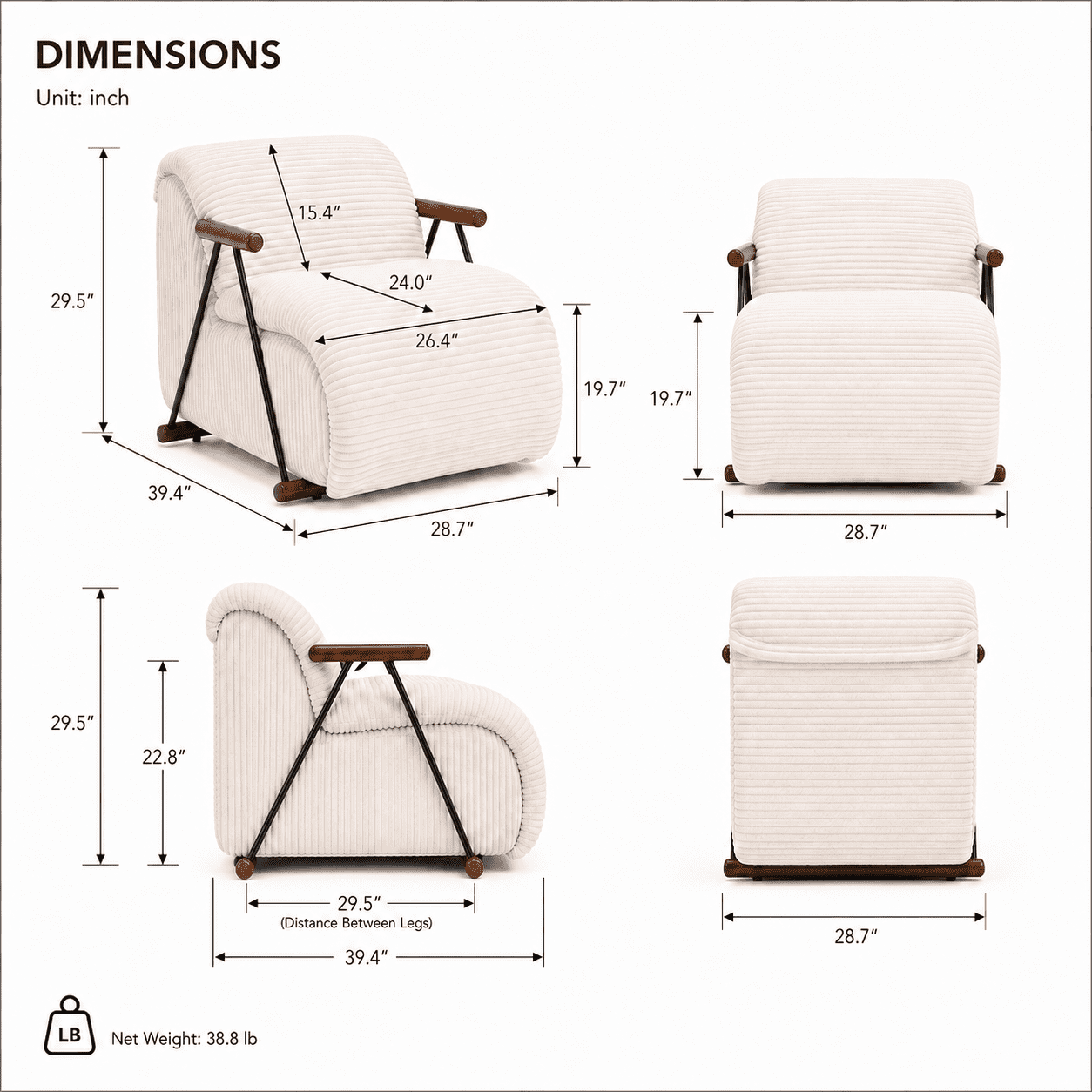 MOONMISS Corduroy Accent Chair, Upholstered Lounge Armchair with Solid Wood Armrests & Minimalist Metal Frame for Living Room, Bedroom,Beige